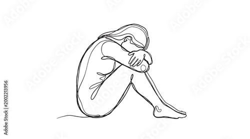 Single Line Drawing of a Sad Person Huddled in a Ball, Expressing Loneliness and Despair