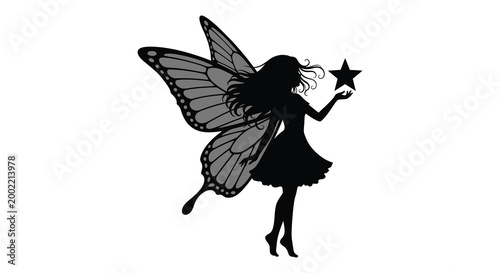 fairy silhouette with butterfly wings holding star on white background silhouette high quality professional detailed modern elegant stylish clean crisp vibrant