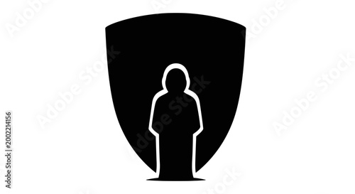 Obraz na plátne Black shield icon with a mysterious hooded figure silhouette for security and pr