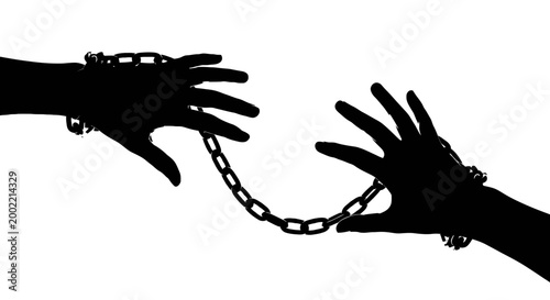 Foto Black silhouette of two human hands reaching for each other while bound with met