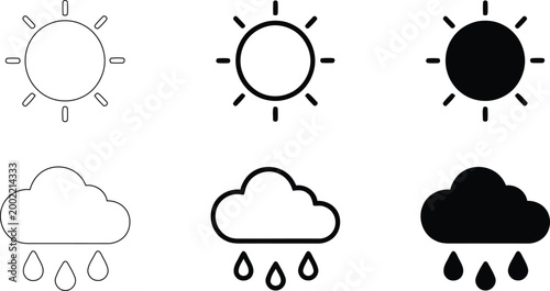 Weather icons set sun clouds and rain in line art style
