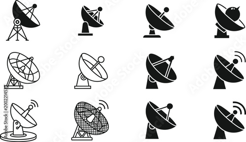 Collection of satellite dish silhouette icons featuring parabolic antennas, signal transmission designs, and communication technology equipment illustrations