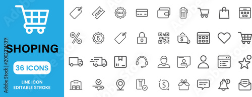 Online Shopping Line Icons Set Ecommerce Cart Payment Store Retail Outline Icons Collection UI UX Web App Editable Stroke