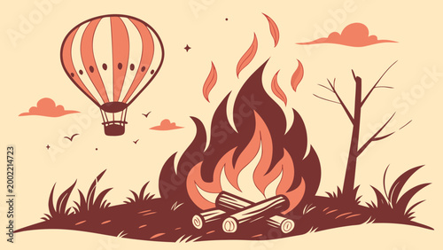 Hot air balloon flying over a campfire and dry landscape with dead tree air travel campfire silhouette illustration adventure minimalist landscape outdoors background abstract stylized