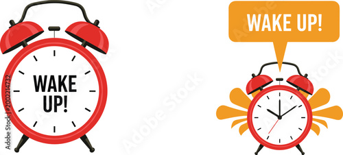 Red Alarm Clock Wake Up Concept Vector Illustration Set with Ringing and Speech Bubble Design
