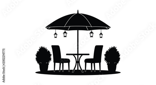 outdoor seating area with umbrella chairs table plants and lanterns silhouette high quality professional detailed modern elegant stylish clean crisp vibrant