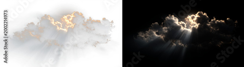 Golden sunset clouds with divine light rays streaming through isolated on transparent background.