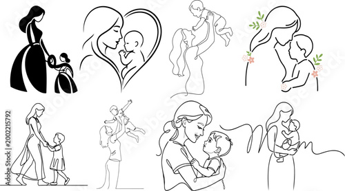 Minimalist mother and child line art collection, 8 black ink vector illustrations of motherhood, elegant maternal bond silhouettes for greeting cards