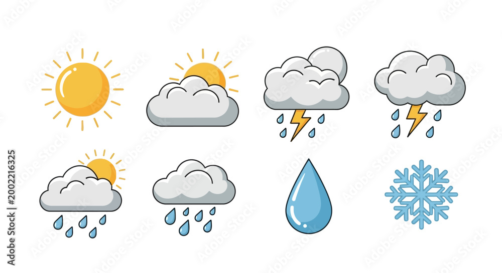 Obraz premium Collection of diverse weather forecast icons and climate symbols.