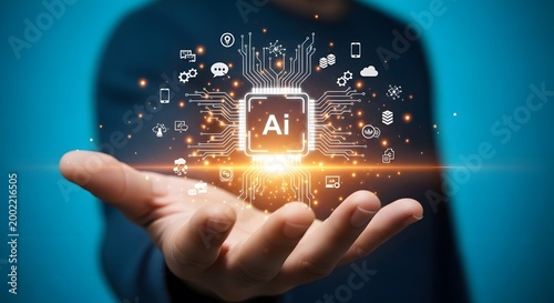 Hand holding futuristic ai chip with glowing technology icons background