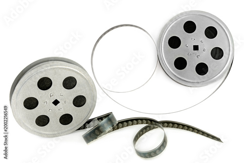Vintage Metal Film Reels with Unspooled 35mm Movie Strip
