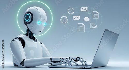 Robot with blue eye looking at open laptop with communication icons floating above