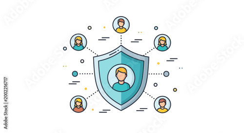 A shield protects a central person surrounded by connected profile illustrations
