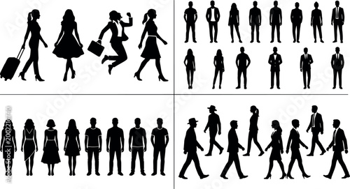 Set of diverse people silhouettes featuring business professionals in suits casual walking characters and traveling women for corporate lifestyle designSet of diverse people silhouettes featuring 