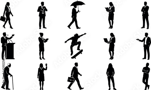 Set of diverse people silhouettes featuring business professionals casual characters an elderly man and a skateboarder for corporate lifestyle projectsSet of diverse people silhouet