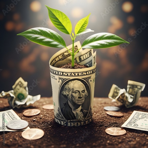 Money plant growing from a us dollar bill in a creative indoor setting