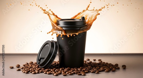 Coffee pouring from black travel mug with spilled coffee beans on surface