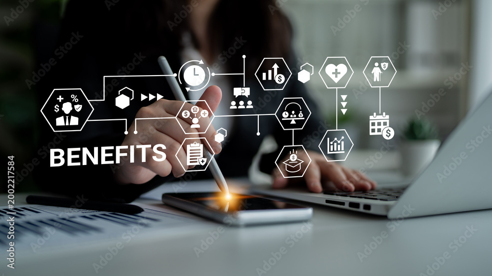 Naklejka premium Employee benefit program improves HR management, workforce satisfaction, and corporate engagement Parse
