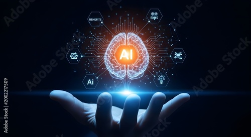 Hands holding futuristic glowing brain with ai technology concept