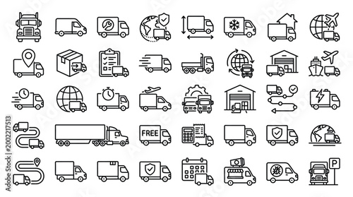 Set of 30 outline icons related to truck. Linear icon collection. Editable stroke. Vector illustration