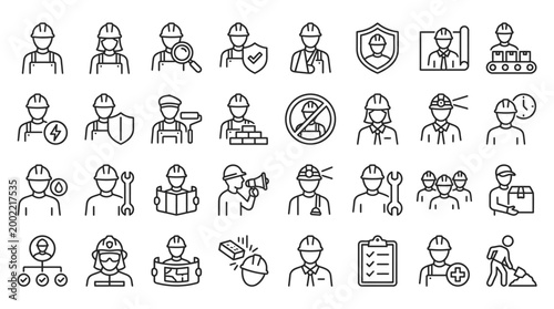 Set of 30 outline icons related to worker. Linear icon collection. Editable stroke. Vector illustration