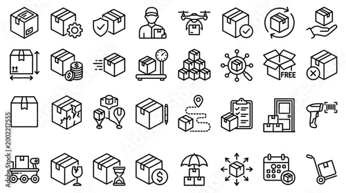 Set of 30 outline icons related to parcel. Linear icon collection. Editable stroke. Vector illustration
