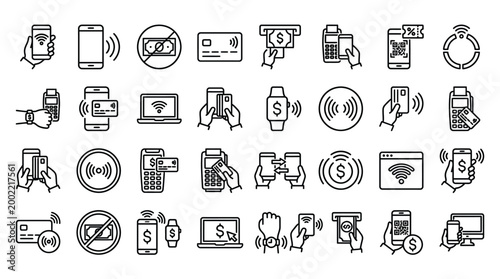 Set of 30 outline icons related to contactless pay. Linear icon collection. Editable stroke. Vector illustration