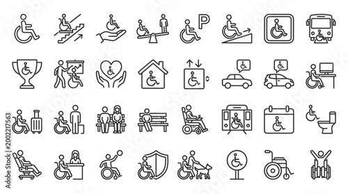 Set of 30 outline icons related to wheelchair. Linear icon collection. Editable stroke. Vector illustration