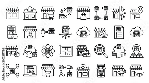 Set of 30 outline icons related to retail. Linear icon collection. Editable stroke. Vector illustration