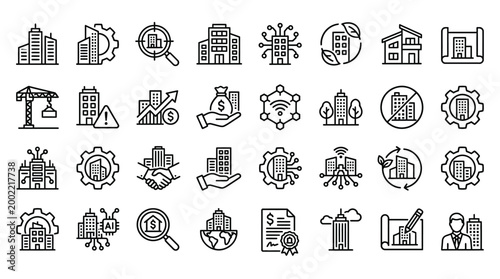 Set of 30 outline icons related to commercial buildings. Linear icon collection. Editable stroke. Vector illustration