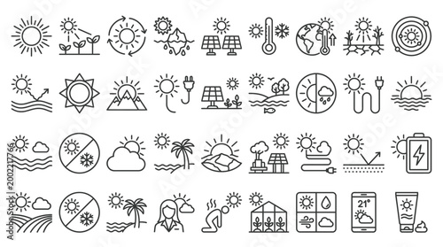 Set of 30 outline icons related to sun. Linear icon collection. Editable stroke. Vector illustration