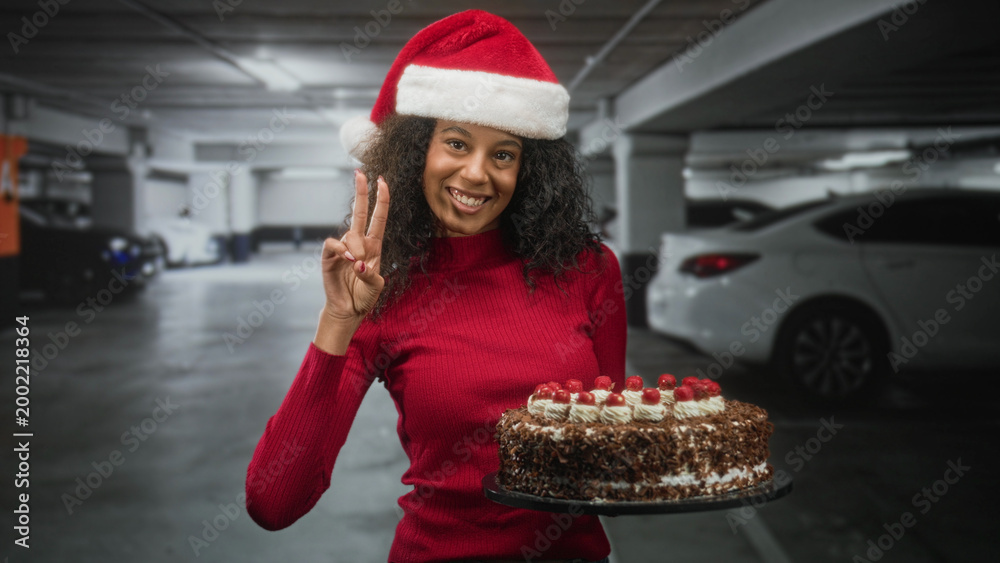 Obraz premium Teenage woman with curly hair wearing a santa hat holding a chocolate cake and showing a peace sign in a parking building; festive cheer.