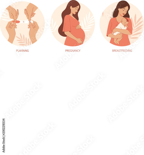 Family Planning Pregnancy and Breastfeeding Stages Illustration Set Showing Maternal Health Motherhood Journey Baby Care Educational Vector Collection