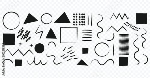 Funky crayon drawn geometric shapes and doodle lines. chalk drawn naive Swiss, Basic geometric shapes, dots symbol. Colourful and Black  color Basic geometric shapes, dots, playful pattern, primitive 