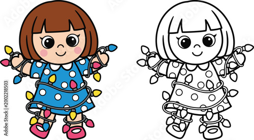 Cute Cartoon Girl Tangled in Christmas Lights Holiday Coloring Page