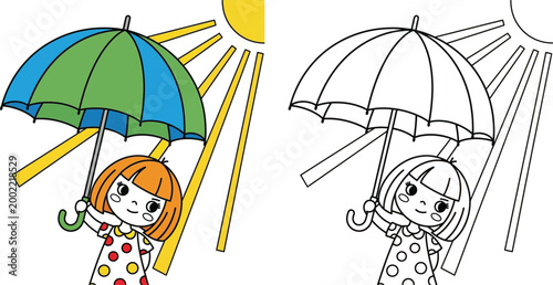 Cute Cartoon Girl with Umbrella Under Sun Coloring Page for Kids