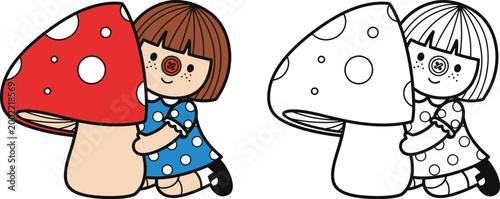 Cute Rag Doll Girl Hugging Mushroom Whimsical Coloring Page