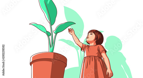 Young girl reaching for a large potted plant, symbolizing growth, nature, and childhood curiosity