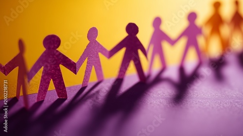 Multicolored paper figures holding hands, symbolizing unity and teamwork against a vibrant yellow and purple backdrop.