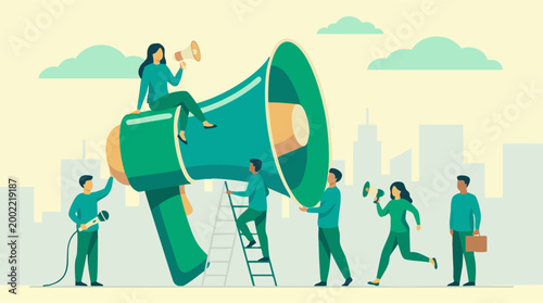 Obraz na płótnie Team amplifies message with giant megaphone, marketing communication concept
