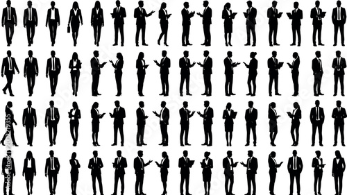 Large collection of professional business people silhouettes featuring corporate teams in meetings talking and celebrating for commercial success conceptsLarge collection of 