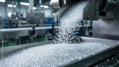 Clear plastic granules pour from machine into tray. Manufacturing process creates small pellets. Industrial production line forms raw material for goods. Factory equipment processes material.