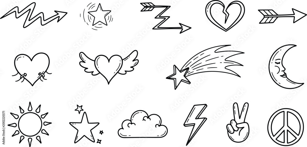 Fototapeta premium Doodle set hand drawn icons and symbols isolated on transparent background silhouette