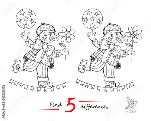 Find 5 differences. Hand drawn illustration of a cute toy clown training at the circus. Logic puzzle game for children and adults. Page for kids brain teaser book. Black and white vector drawing.