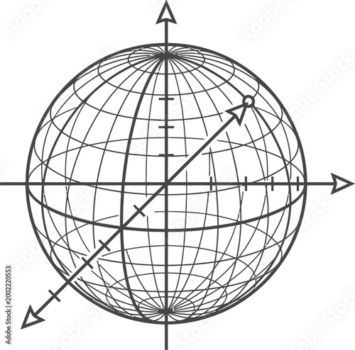 A detailed wireframe sphere with intersecting 3D coordinate axes and a marked point, illustrating complex mathematical concepts.