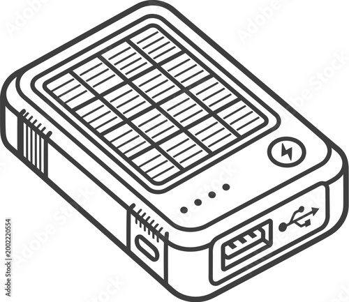 Detailed line drawing of a compact solar power bank, showcasing charging indicators and versatile USB outputs.