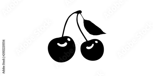 Simple black and white illustration of two cherries with stems and leaves.