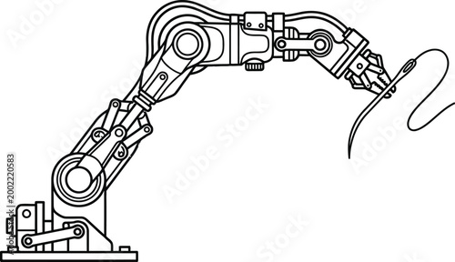 Minimalist line art illustration portrays a sophisticated industrial robotic arm, representing automation, precision, and modern manufacturing technology.