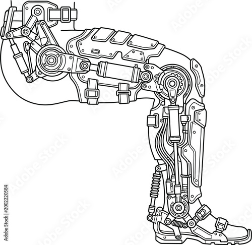 Detailed line drawing of a futuristic mechanical exoskeleton leg brace featuring complex joints and hydraulic support systems