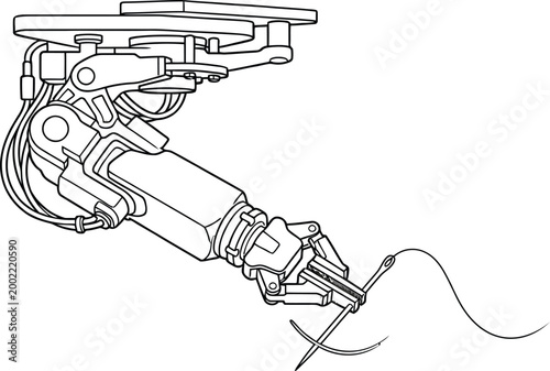 Precision industrial robotic arm performing a delicate operation, illustrated with detailed line art showcasing advanced automated technology.